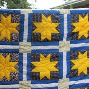 8 POINT STAR  QUILT TOP- NEW MATERIAL- HAND STITCHED- 98 1/2' X 120  1/2" WHOW